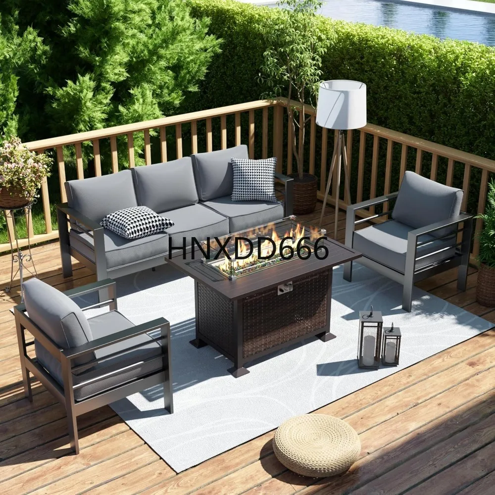 Outdoor Furniture With Fire Pit Table - Tuinmeubelset met vuurtafel, 6-delige aluminium buitenbankset,