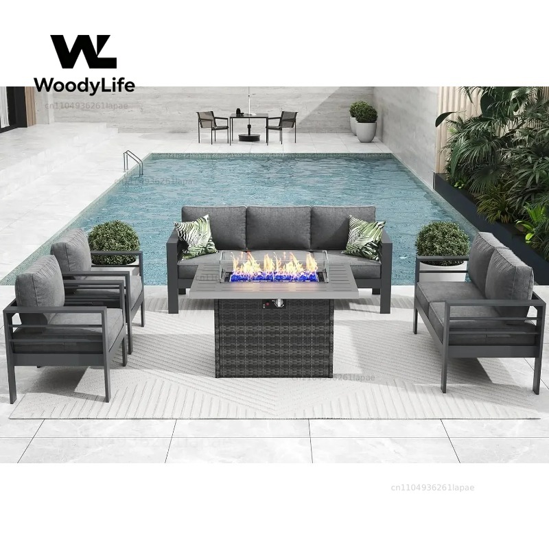 Outdoor Furniture With Fire Pit Table - L5-delige moderne aluminium tuinmeubelenset met vuurtafel,
