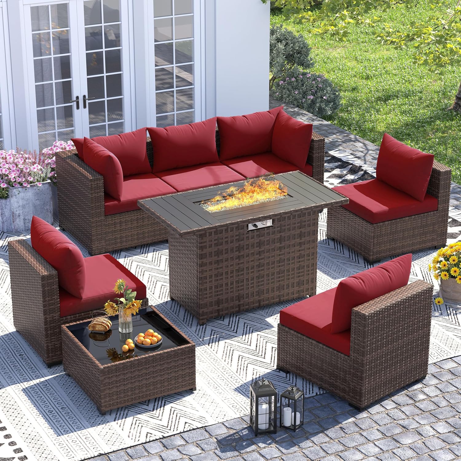 Outdoor Furniture With Fire Pit Table - 8-delige all-weather wicker loungeset met vuurtafel