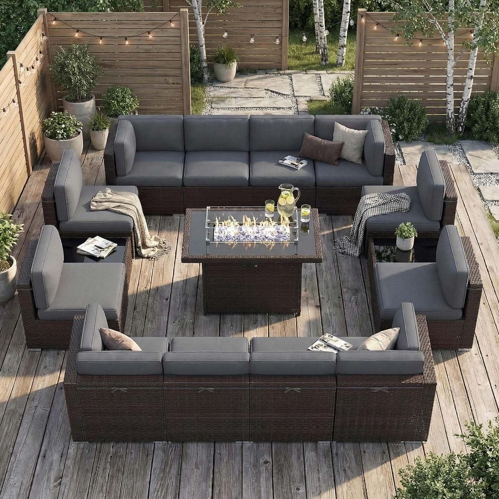 Outdoor Furniture With Fire Pit Table - 15-delige tuinmeubelset met 44 gasvuurplaatsen, bruine