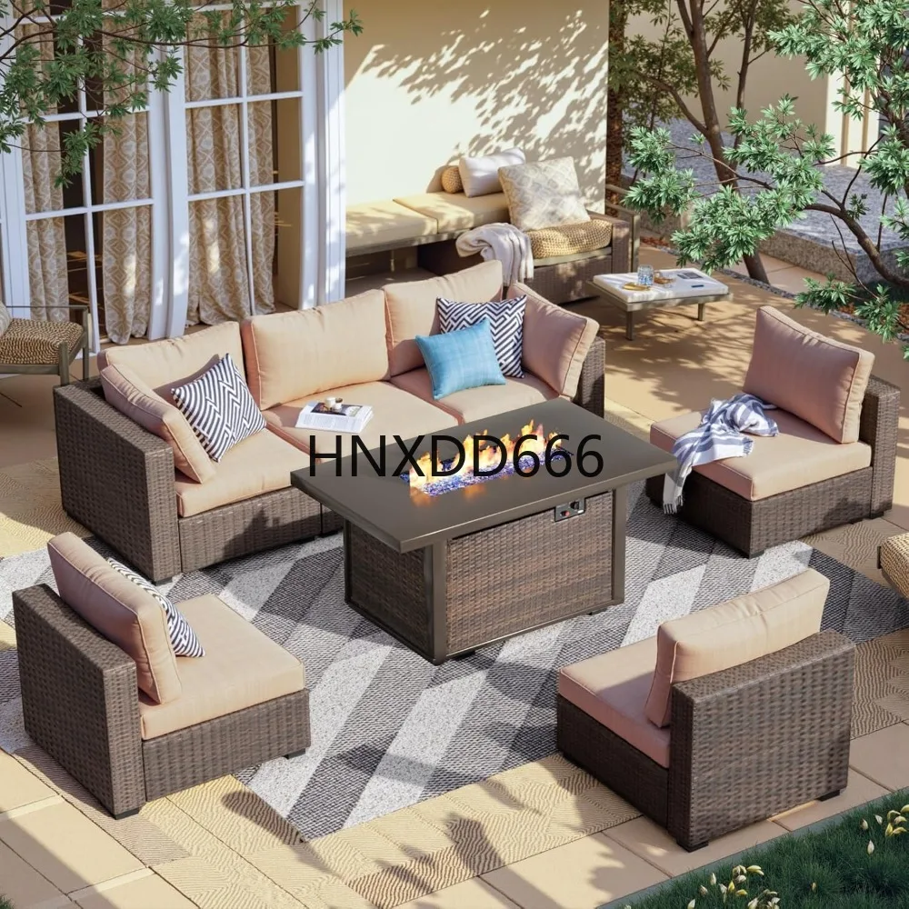 Outdoor Furniture With Fire Pit Table - 7-delige tuinmeubelset met vuurtafel, buitenhoekbank en
