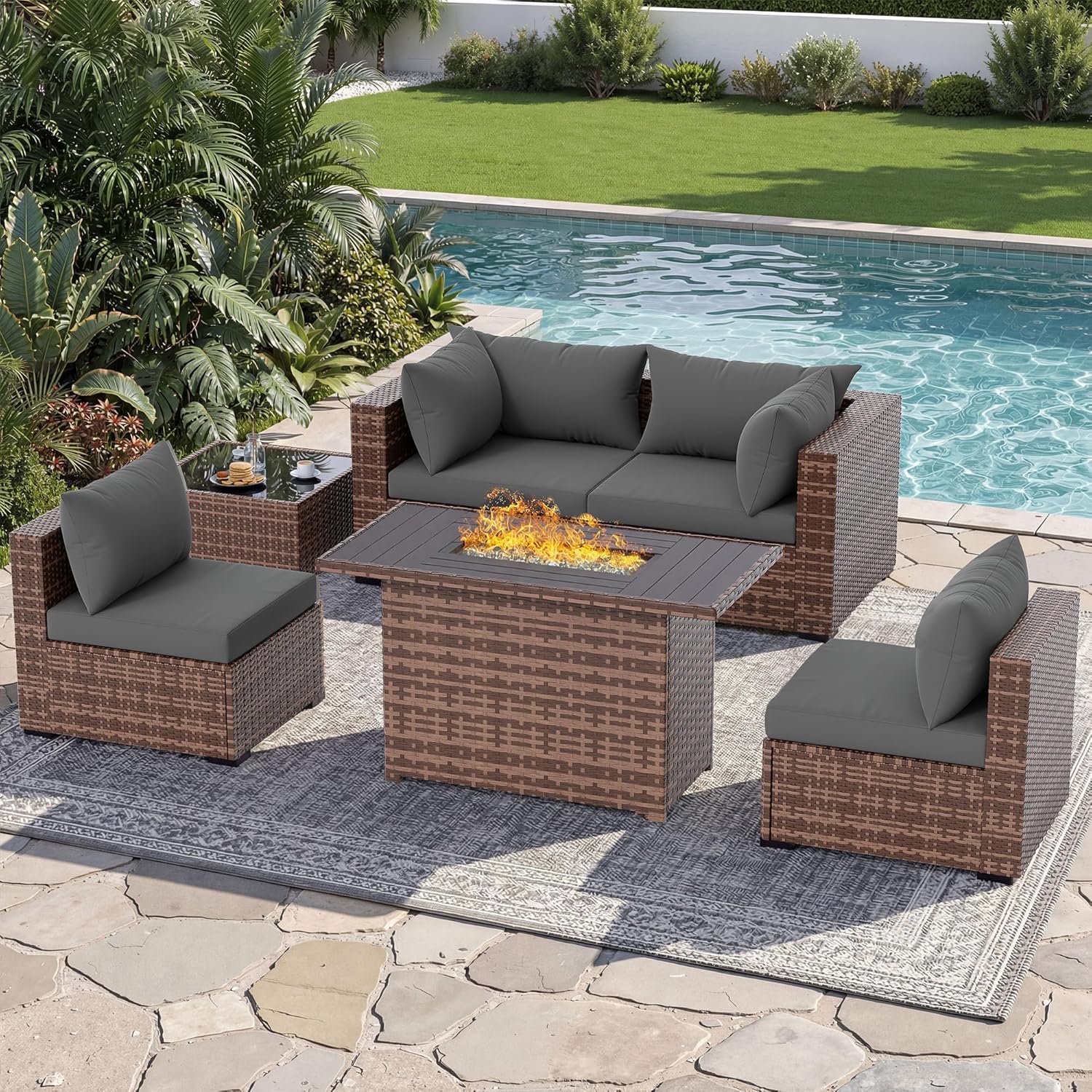 Outdoor Furniture With Fire Pit Table - 5-delige sectionele loungeset voor buiten met