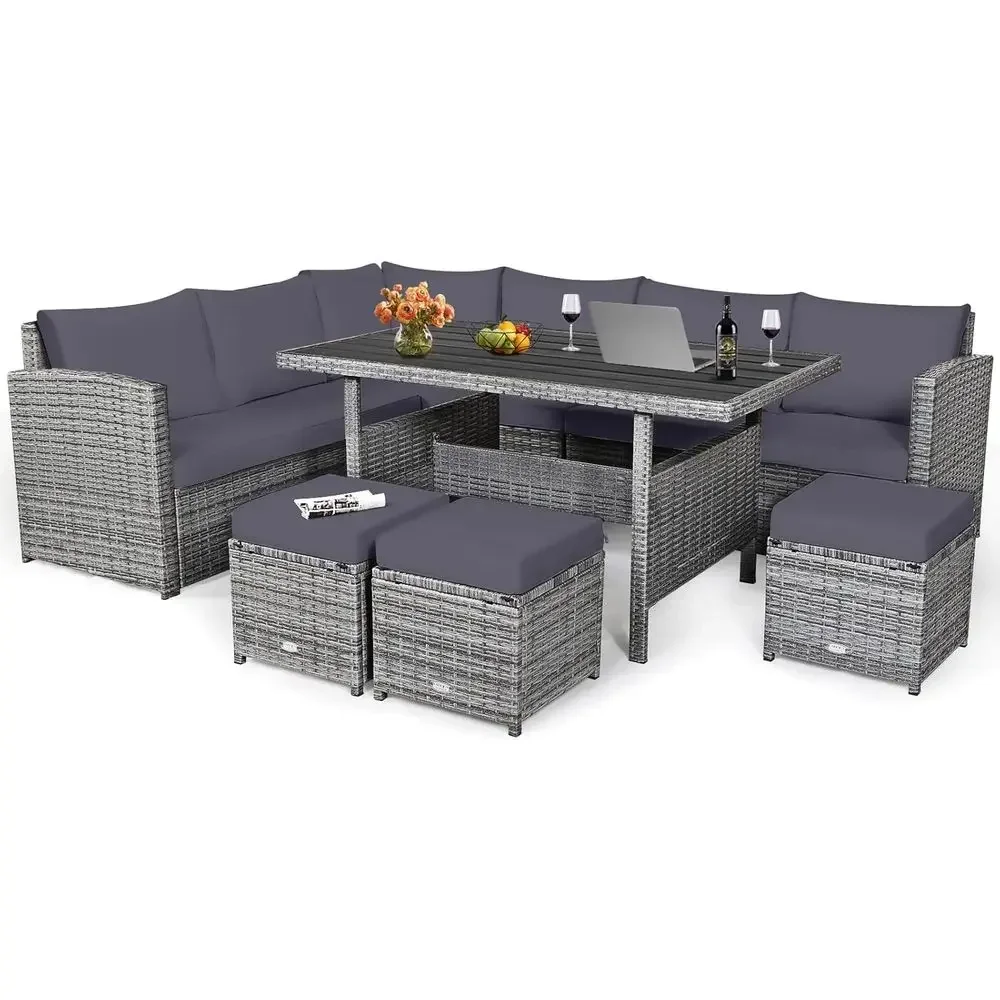 Outdoor Furniture Dining Set - Grijze 7-delige rotan tuinmeubelset met kussens,