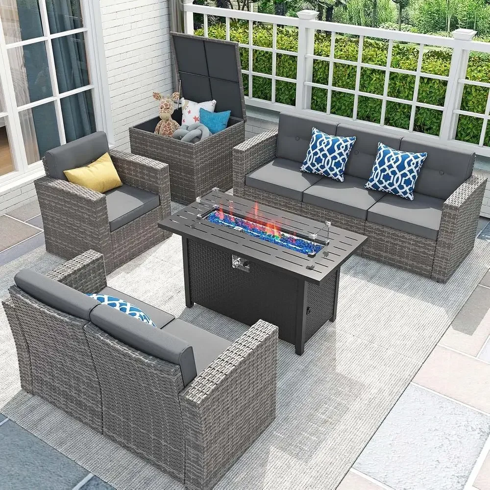 Outdoor Furniture With Fire Pit Table - 8-delige tuinmeubelenset met 45 inch vuurtafel,