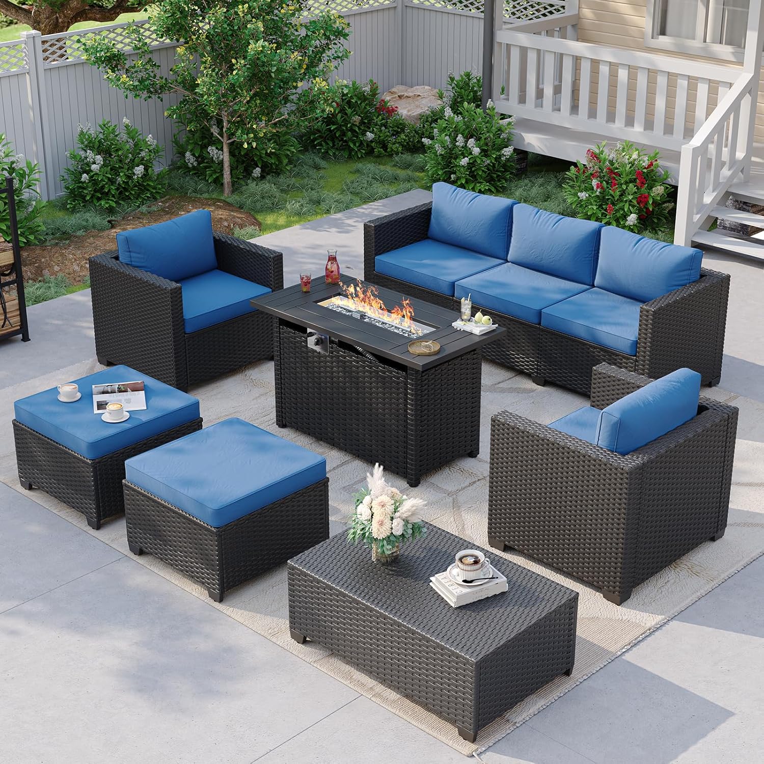 Outdoor Furniture With Fire Pit Table - Navyblauwe buitenbank met vuurtafel en opbergruimte,