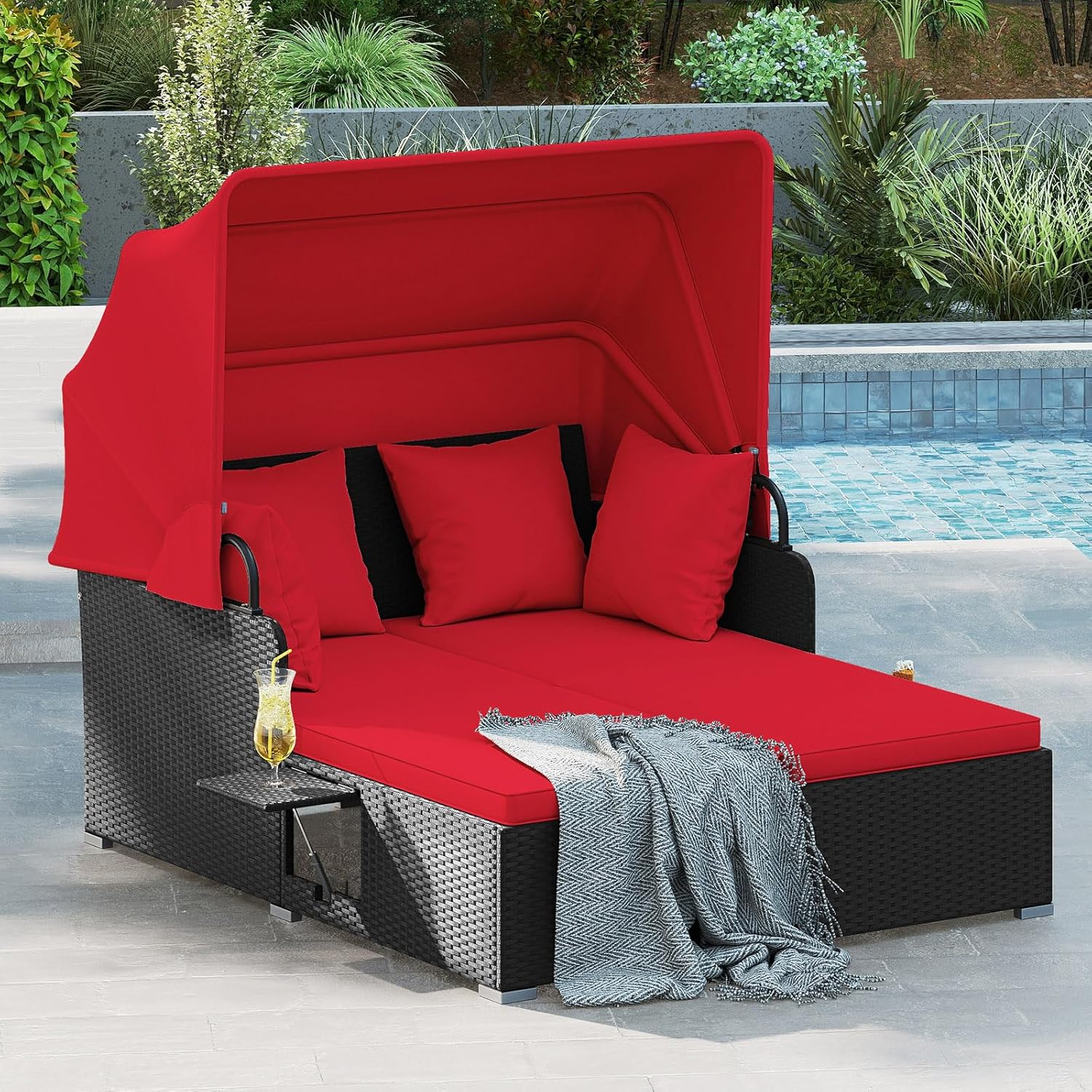 Outdoor Daybed Sofa - 2-persoons rotan buiten dagbed met kap,