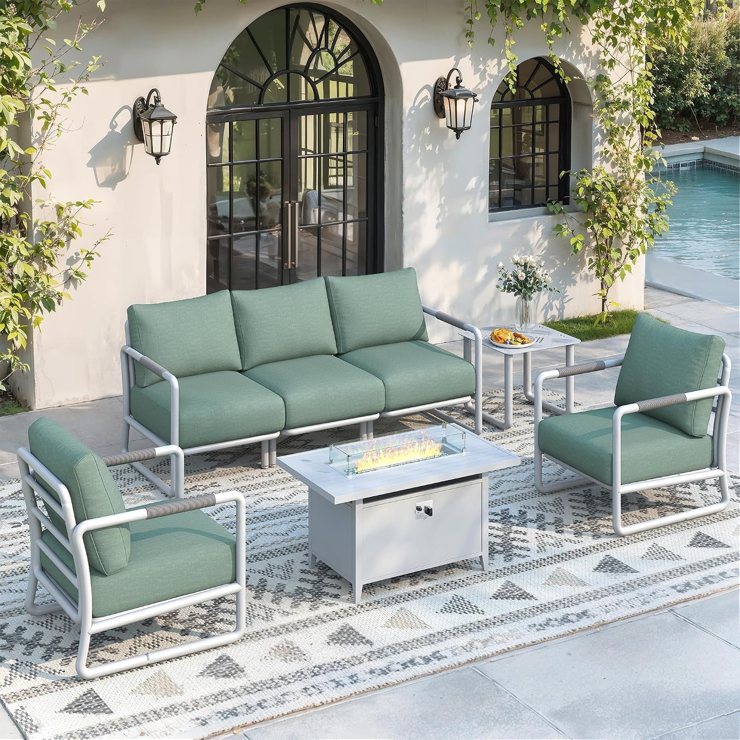 Outdoor Furniture With Fire Pit Table - 7-delige aluminium tuinmeubelset voor buiten met