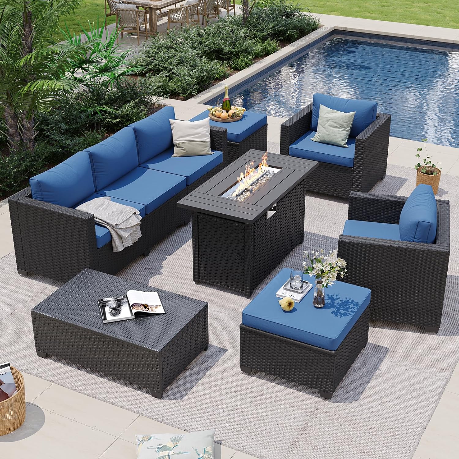 Navyblauwe buitenbank met vuur - Outdoor Furniture With Fire Pit Table recensie en prijs