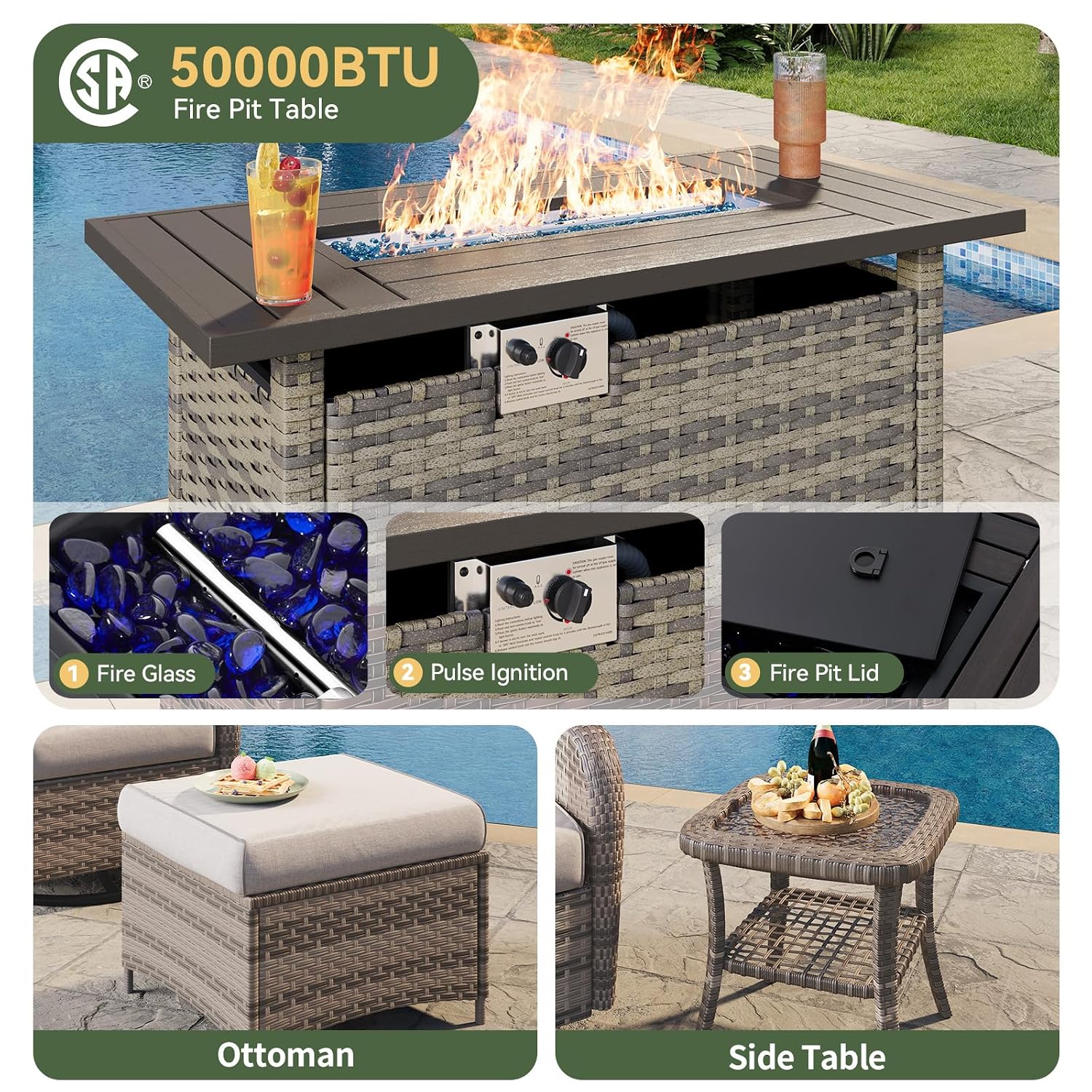 7-delige rieten terrasset met  - Outdoor Furniture With Fire Pit Table recensie en prijs